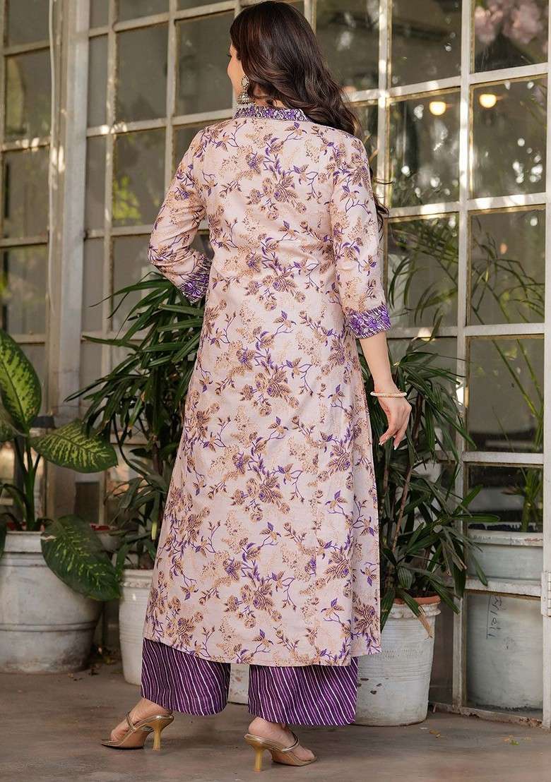 Beige Embroidered Poly Blended Kurta Sets - Indya