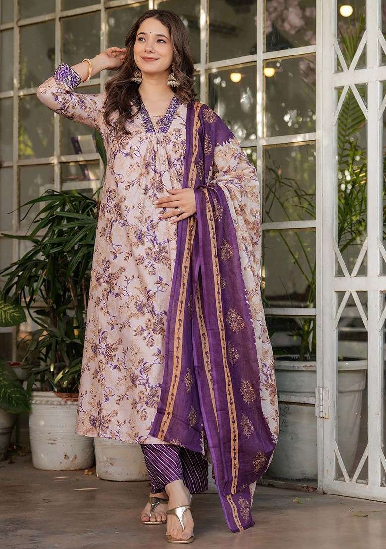 Beige Embroidered Poly Blended Kurta Sets - Indya