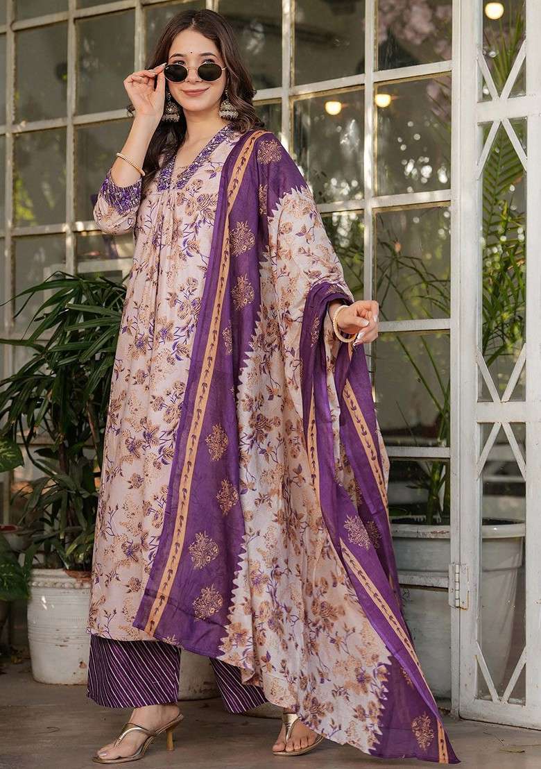 Beige Embroidered Poly Blended Kurta Sets - Indya