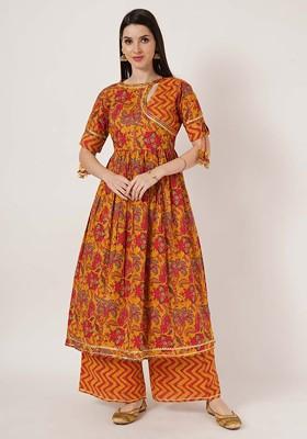 Orange Embroidered Poly Blended Kurta Sets