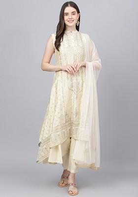 Cream Embroidered Poly Blended Kurta Sets