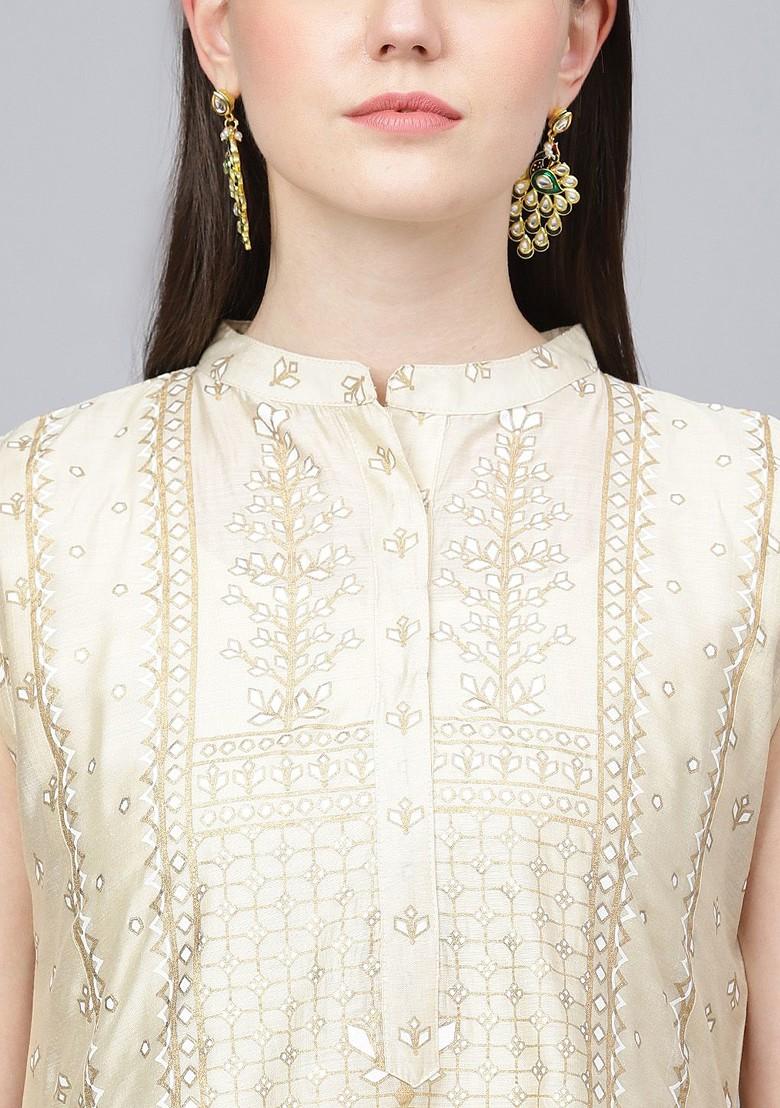 Cream Embroidered Poly Blended Kurta Sets - Indya
