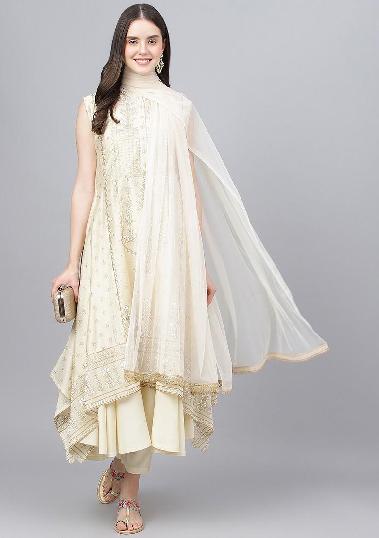 Cream Embroidered Poly Blended Kurta Sets - Indya