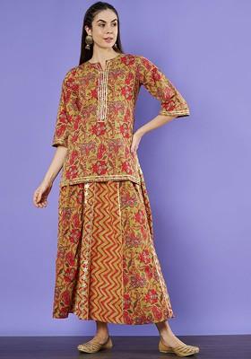 Mustard Embroidered Poly Blended Kurta Sets