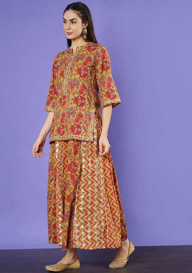Mustard Embroidered Poly Blended Kurta Sets - Indya