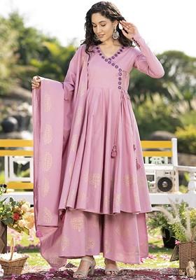 Lavender Embroidered Poly Blended Kurta Sets