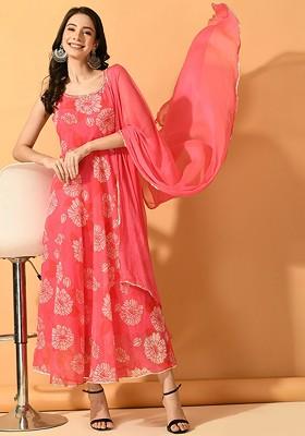 Pink Embroidered Poly Blended Kurtas
