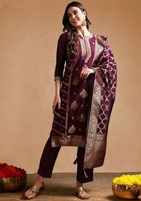 Purple Embroidered Poly Blended Kurta Sets
