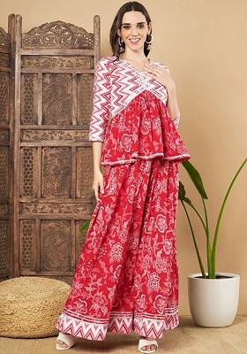 Red Embroidered Poly Blended Kurta Sets