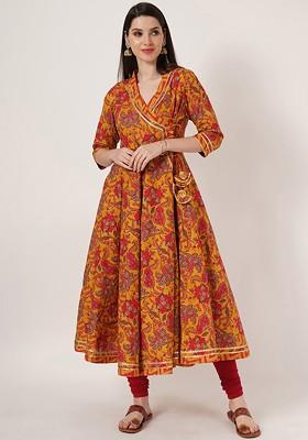 Yellow Embroidered Poly Blended Kurtas
