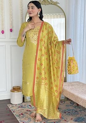 Mustard Embroidered Poly Blended Kurta Sets