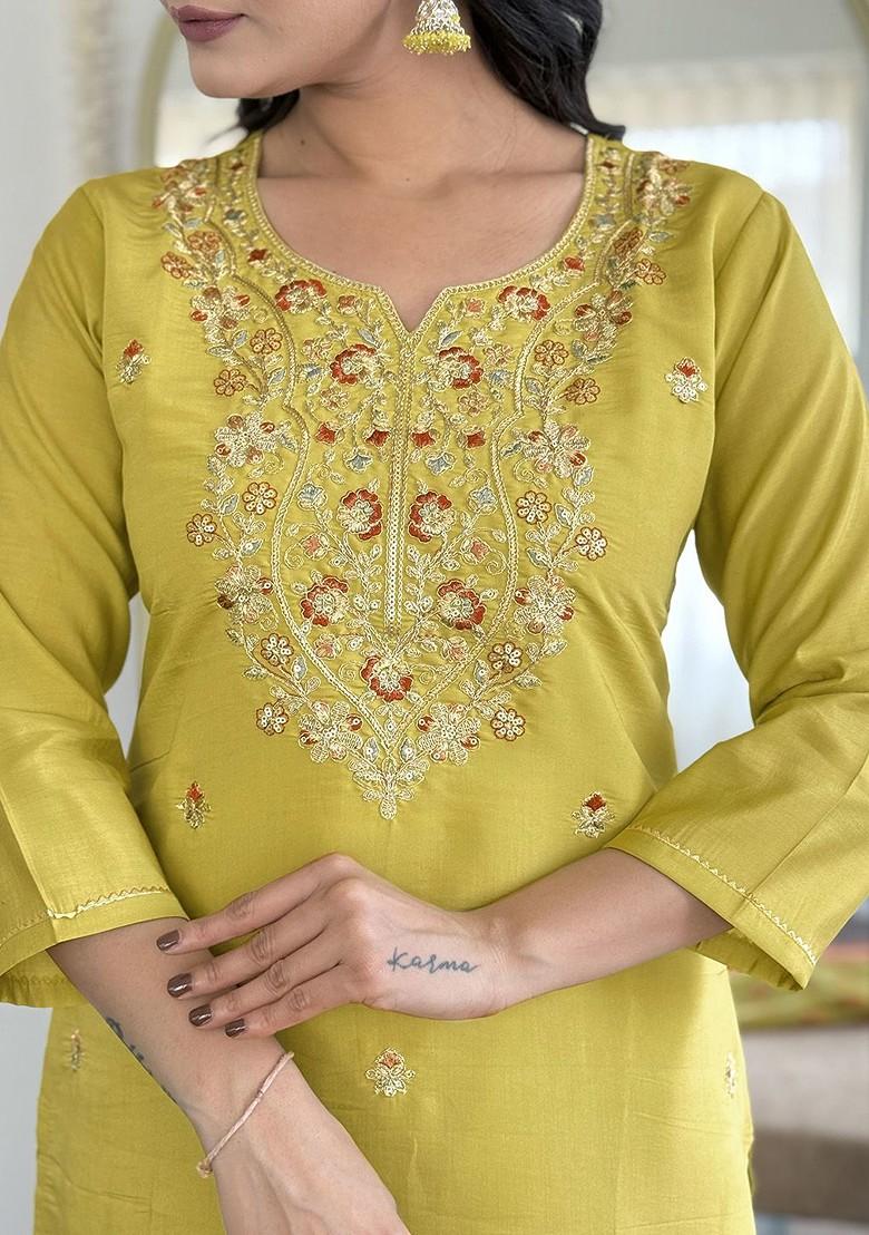 Mustard Embroidered Poly Blended Kurta Sets - Indya
