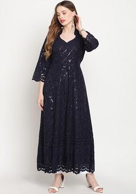 Navy Blue Embroidered Poly Blended Kurtas