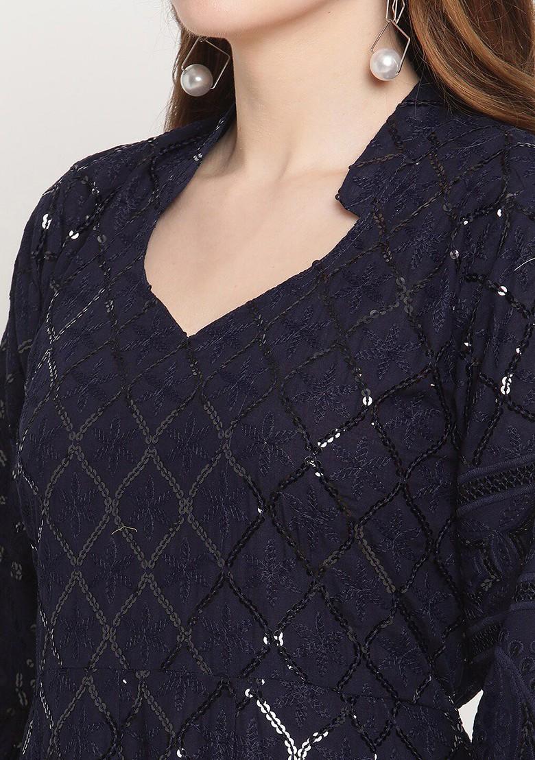 Navy Blue Embroidered Poly Blended Kurtas - Indya