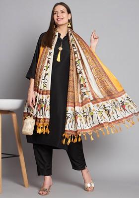 Black Embroidered Poly Blended Kurta Sets