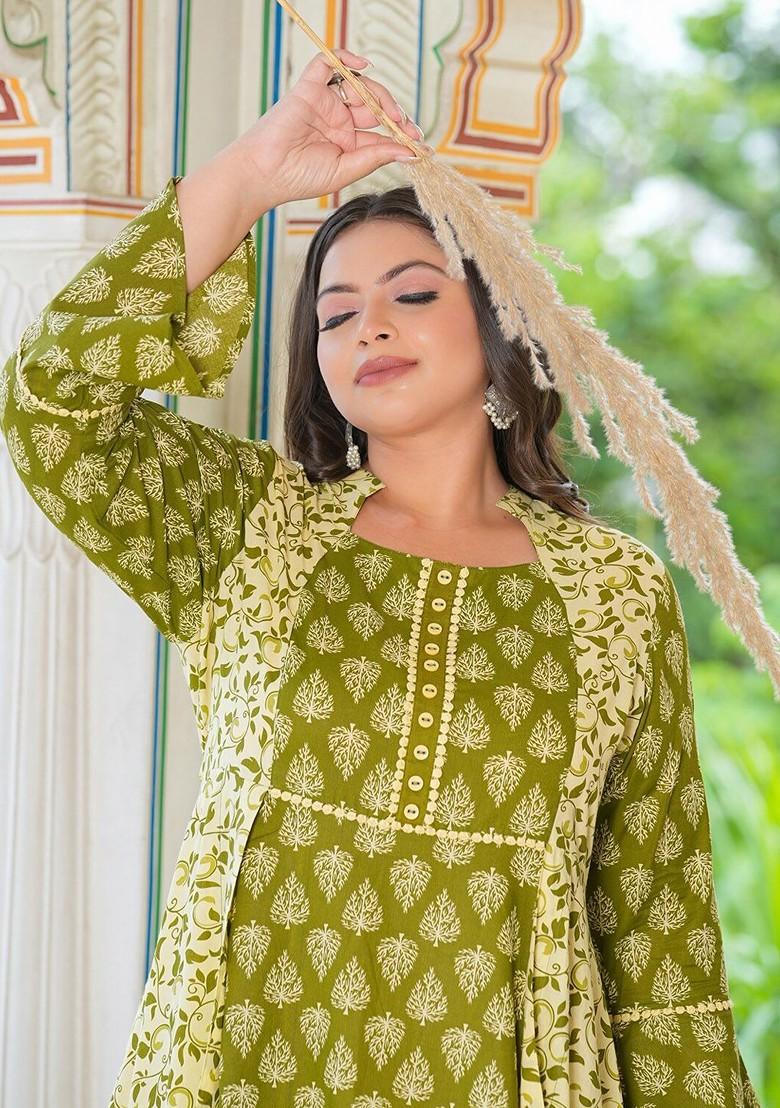 Green Embroidered Poly Blended Kurtas - Indya
