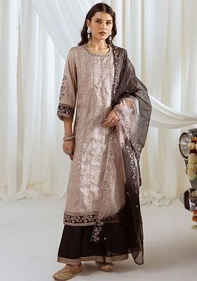 Beige Embroidered Poly Blended Kurta Sets