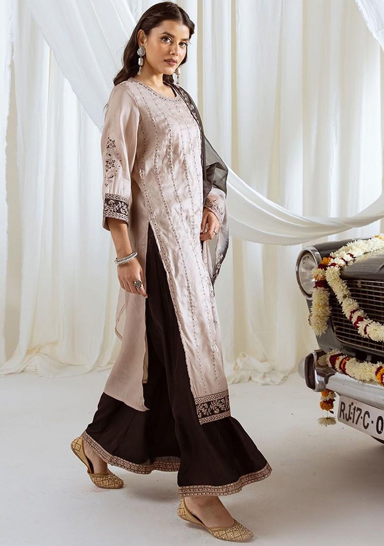 Beige Embroidered Poly Blended Kurta Sets - Indya