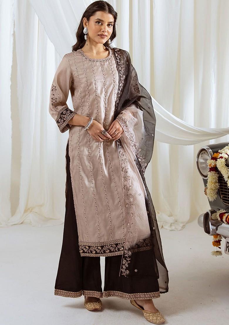 Beige Embroidered Poly Blended Kurta Sets - Indya