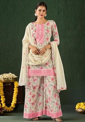 Off White Embroidered Poly Blended Kurta Sets