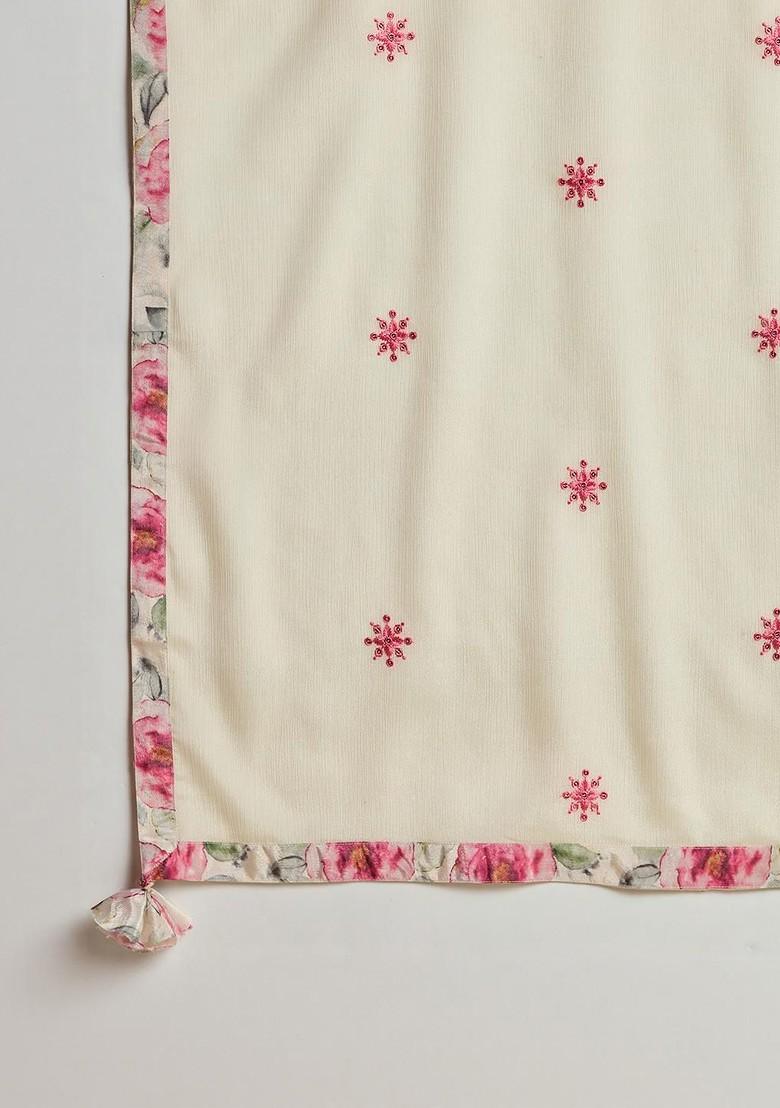 Off White Embroidered Poly Blended Kurta Sets - Indya