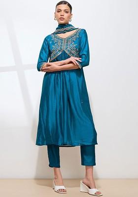 Teal Embroidered Poly Blended Kurta Sets