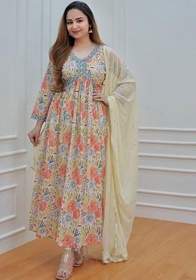 Yellow Embroidered Poly Blended Kurta Sets