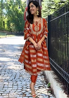 Rust Embroidered Poly Blended Kurta Sets