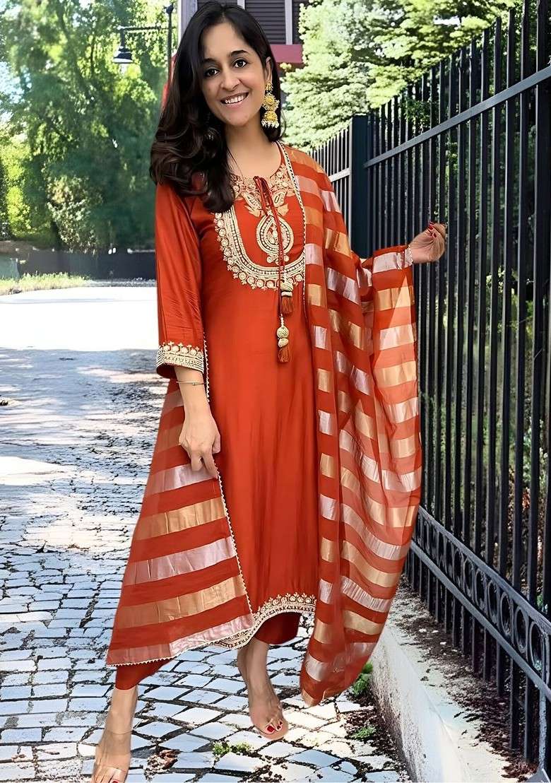 Rust Embroidered Poly Blended Kurta Sets - Indya
