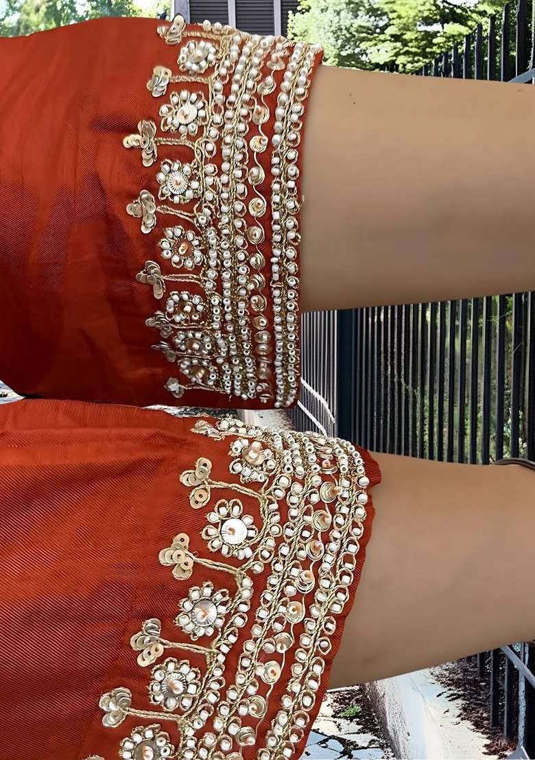 Rust Embroidered Poly Blended Kurta Sets - Indya