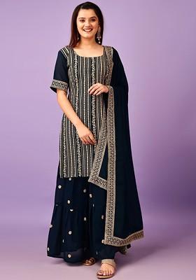 Turquoise Blue Embroidered Poly Blended Kurta Sets