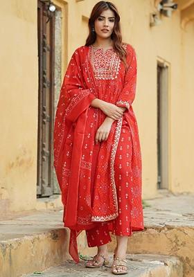 Red Embroidered Poly Blended Kurtas