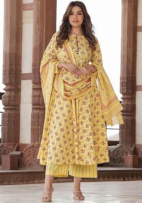Yellow Embroidered Poly Blended Kurtas