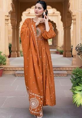 Orange Embroidered Poly Blended Kurta Sets