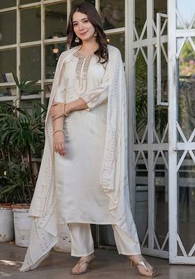 Off White Embroidered Poly Blended Kurta Sets