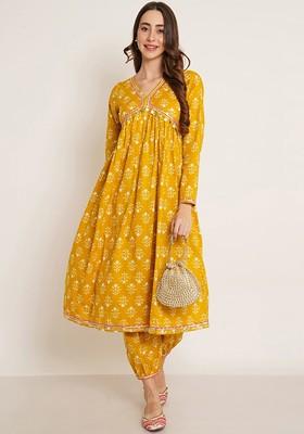 Yellow Embroidered Poly Blended Kurta Sets