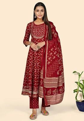 Red Embroidered Poly Blended Kurta Sets