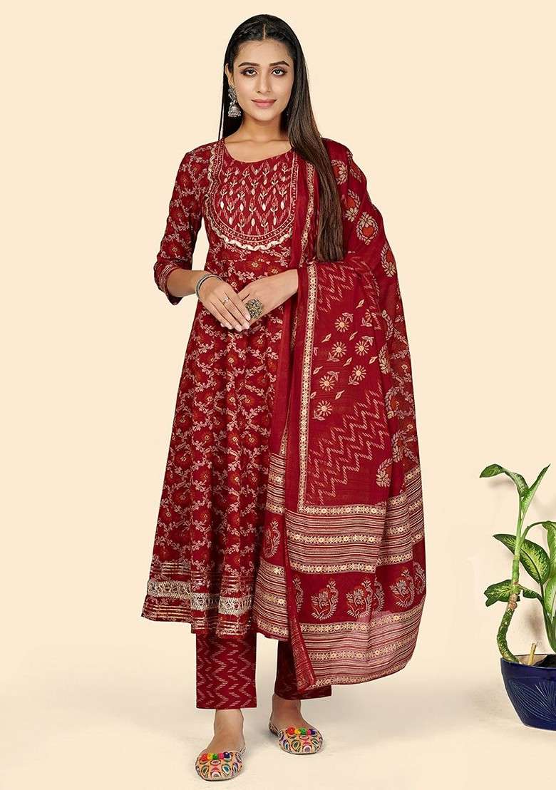 Red Embroidered Poly Blended Kurta Sets - Indya