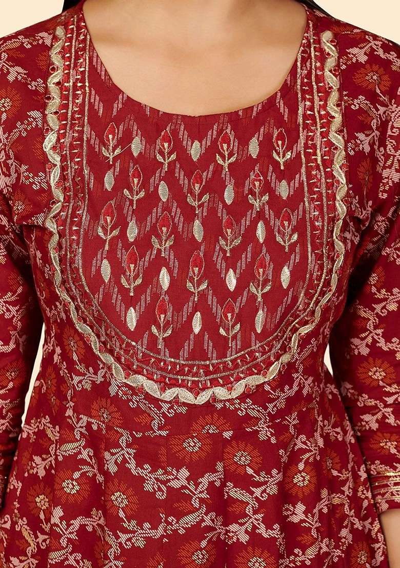 Red Embroidered Poly Blended Kurta Sets - Indya