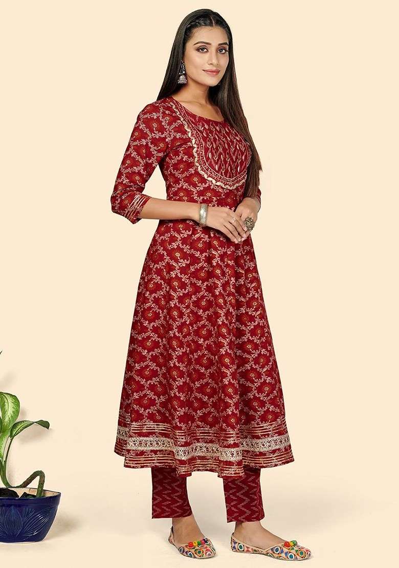 Red Embroidered Poly Blended Kurta Sets - Indya