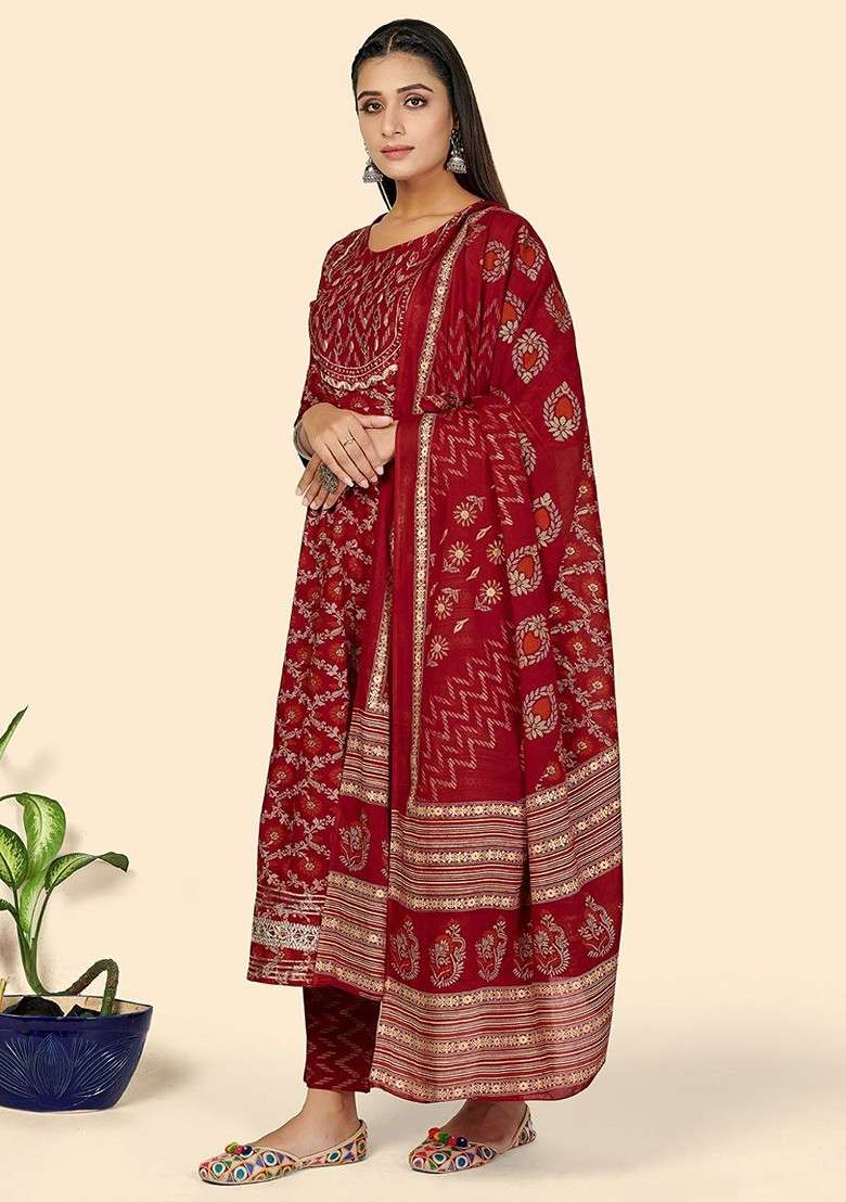 Red Embroidered Poly Blended Kurta Sets - Indya
