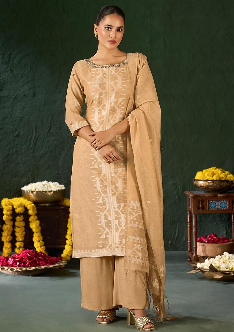 Gold Embroidered Poly Blended Kurta Sets - Indya