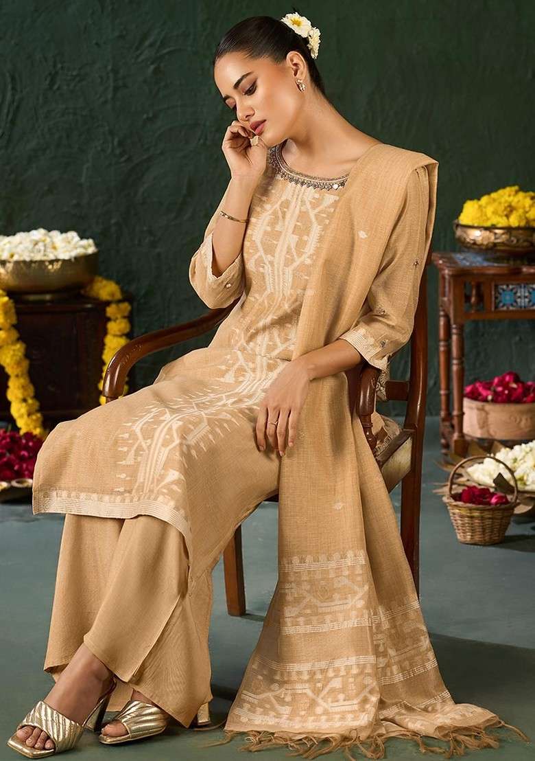 Gold Embroidered Poly Blended Kurta Sets - Indya