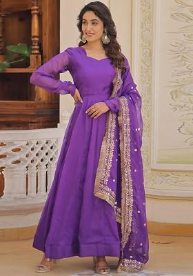 Purple Embroidered Poly Blended Kurtas