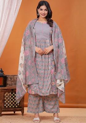 Grey Embroidered Poly Blended Kurta Sets