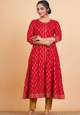 Red Embroidered Poly Blended Kurtas