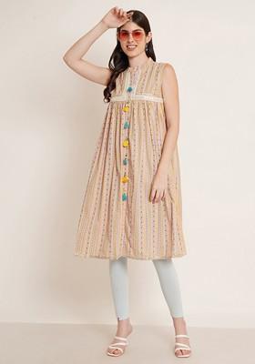 Beige Embroidered Poly Blended Kurtas