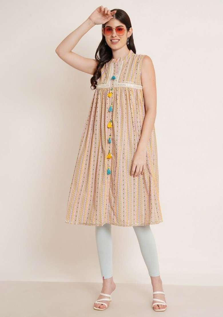 Beige Embroidered Poly Blended Kurtas - Indya