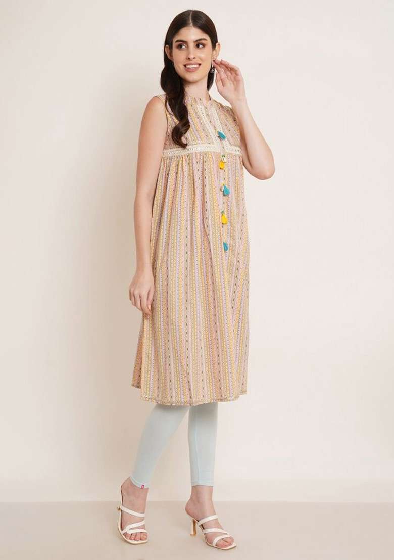 Beige Embroidered Poly Blended Kurtas - Indya