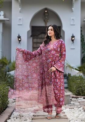 Purple Embroidered Poly Blended Kurta Sets